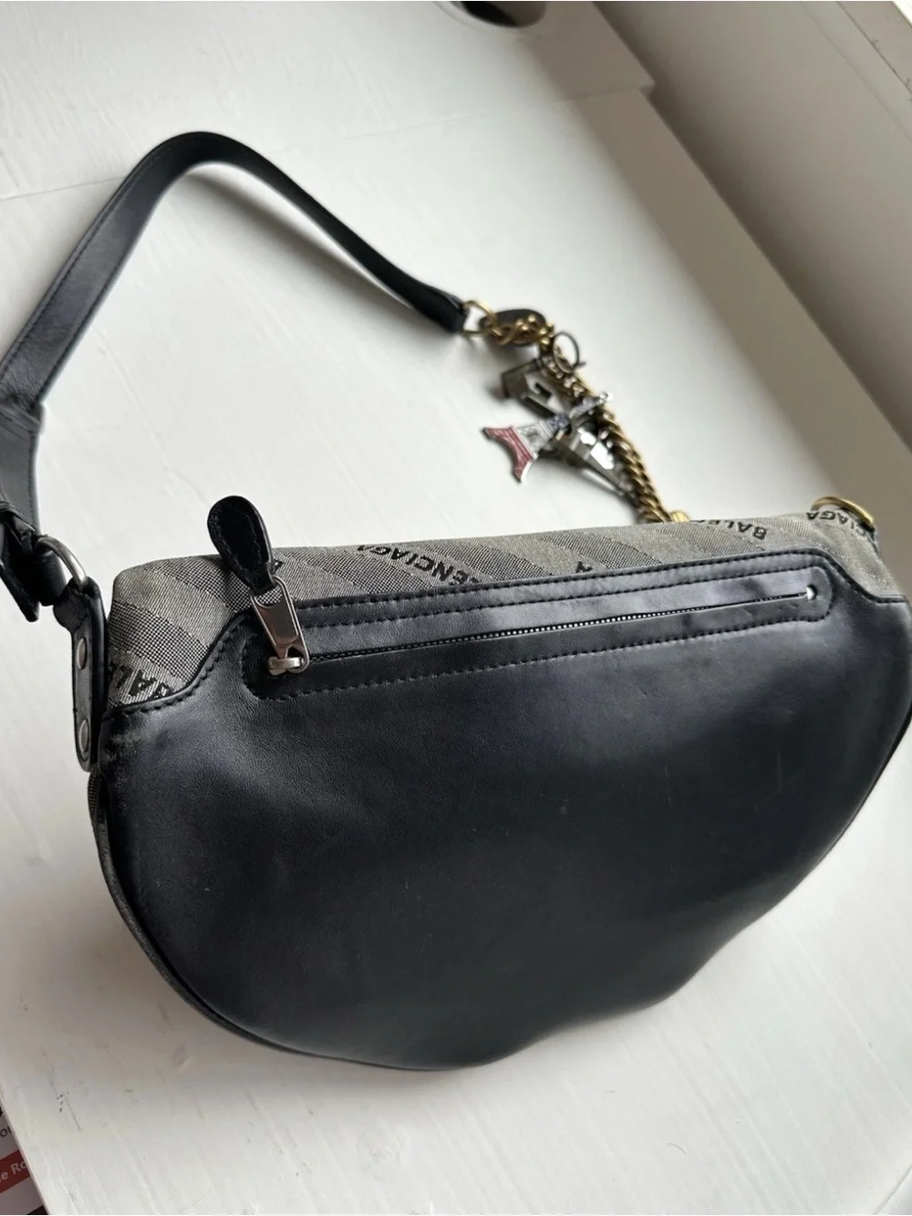 Balenciaga Grey Canvas & Black Leather Crossbody Bag